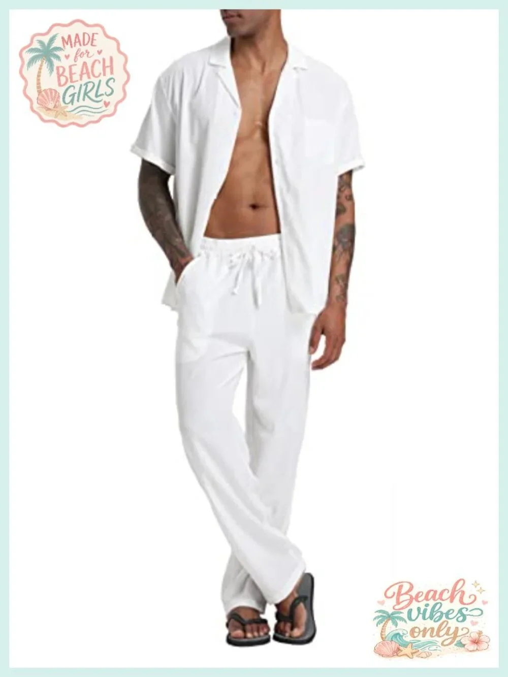 Men's Linen 2 Piece Outfit Set Short Sleeve Camp Shirt & Drawstring Pants